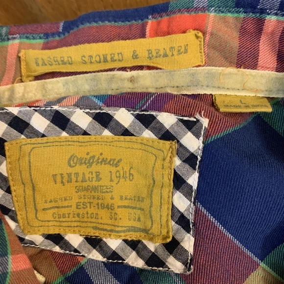 Washed Stoned & Beaten Vintage 1946 LS Button Shirt Blue Green Red Plaid Mens L - Picture 4 of 6